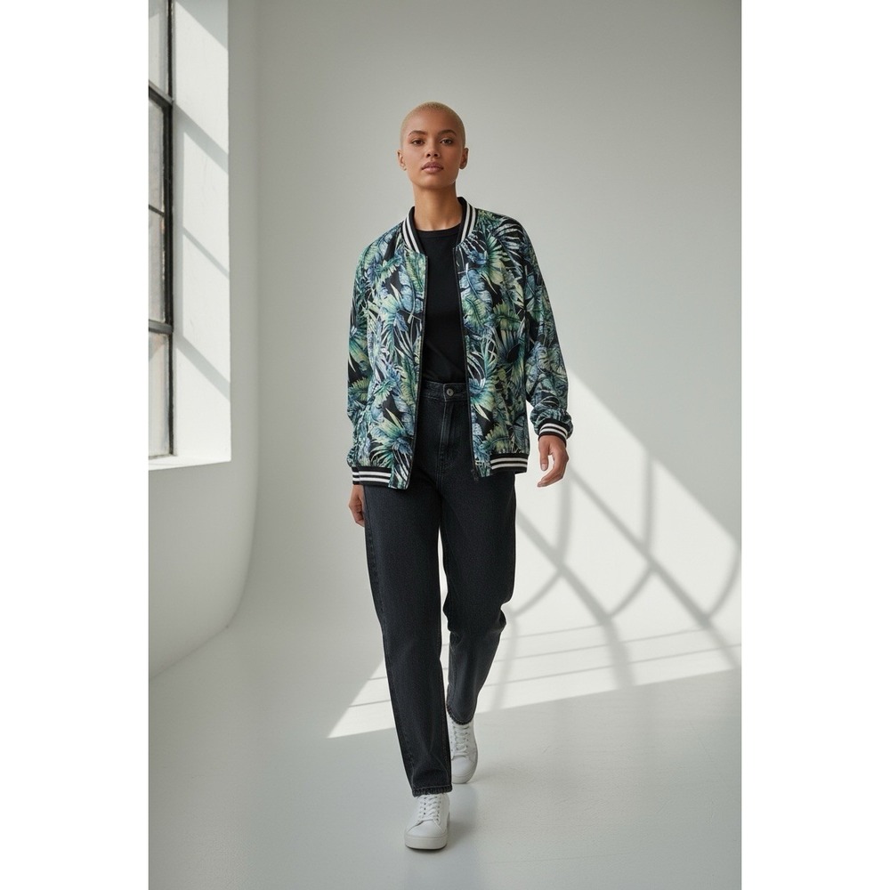 Ava & Viv Floral Bomber Jacket Plus Size 1X Black Full Zip POCKETS Chest 50"